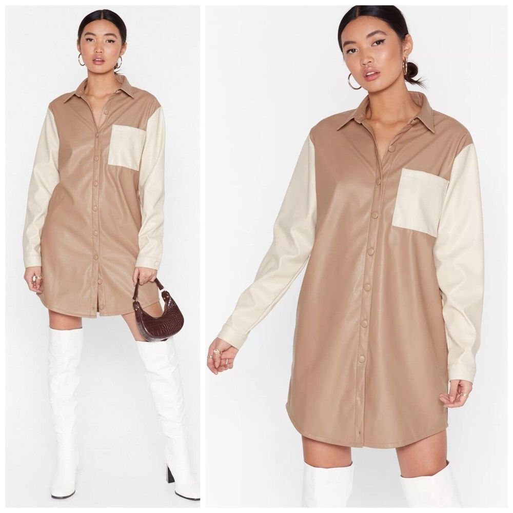 NASTY GAL Dress M(8) Faux Leather Knee Length Shirt Button Down Color Block READ